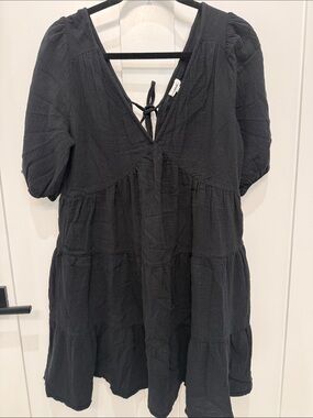 aerie Black Tiered V-Neck Tie-Back Mini Dress